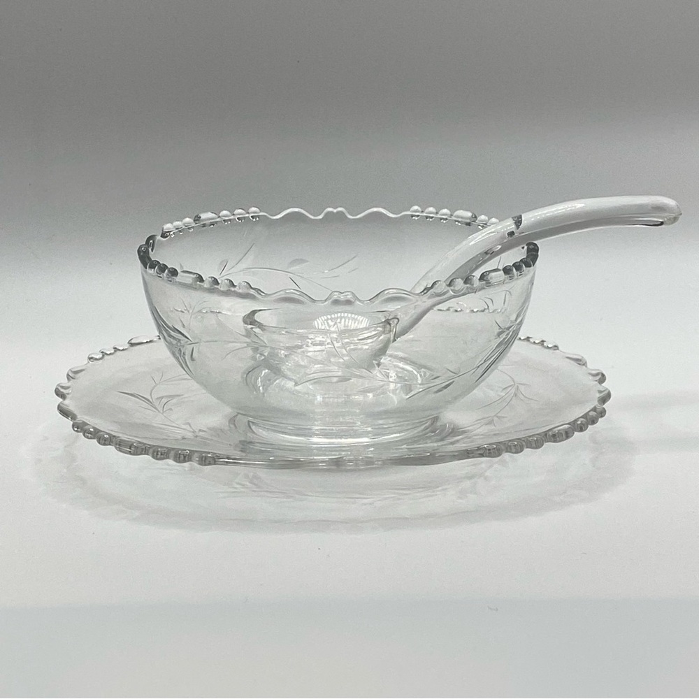 Vintage Tiffin-Franciscan Dolores 3 Piece Mayonnaise Set Clear Etched Glass MINT